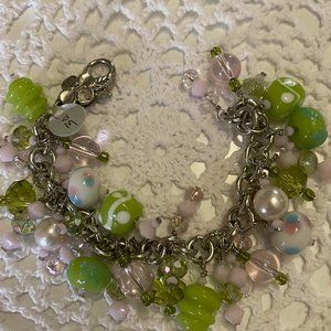 Silver With Green/Pink Glass Beads & Baubles Bracelet